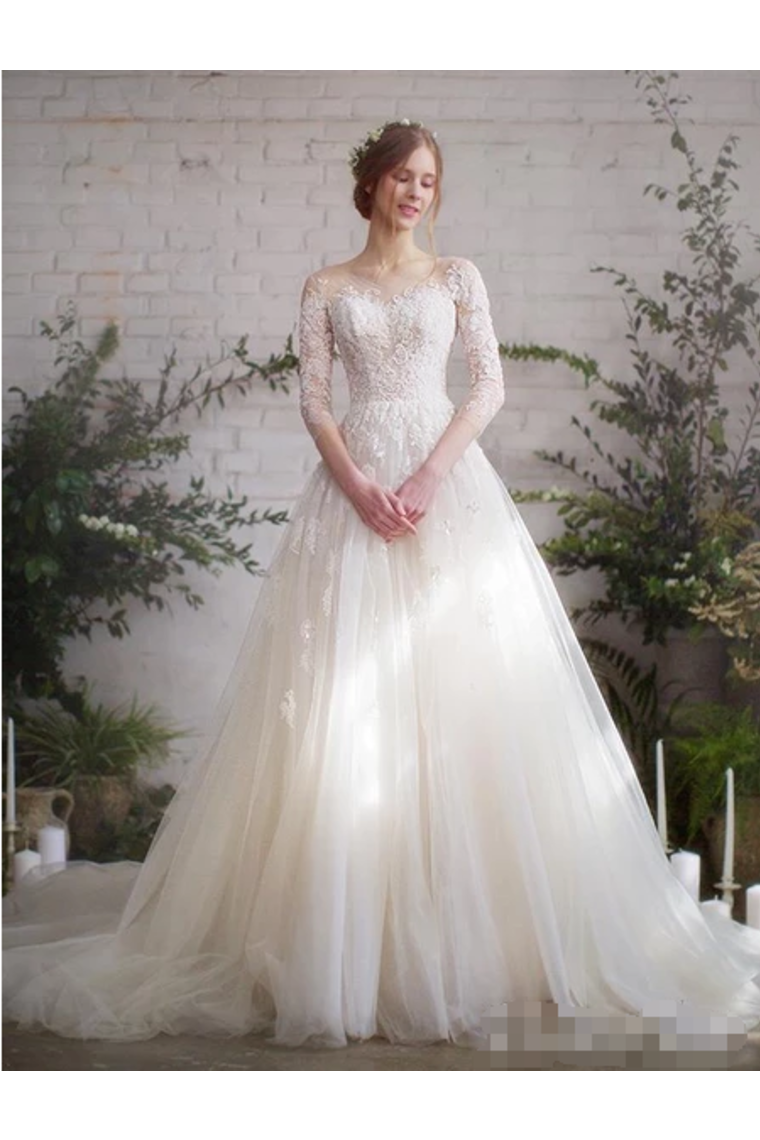 Wedding Dress With 3/4 Sleeves And Appliques Illusion Neckline