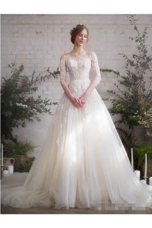 Wedding Dress With 3/4 Sleeves And Appliques Illusion Neckline