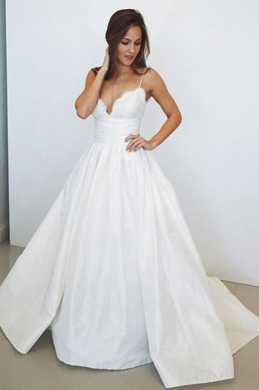 Wedding Dresses A-Line Spaghetti Straps With Lace And Pleated Bodice Satin