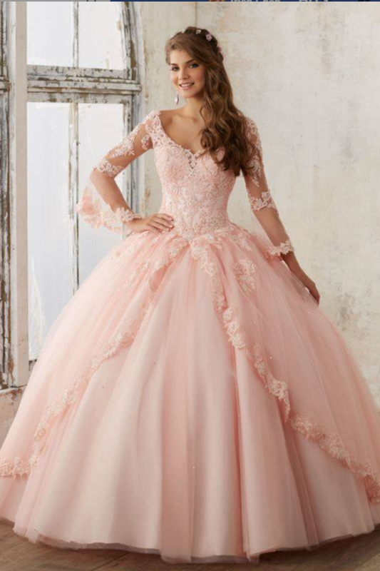 2024 V Neck Quinceanera Dresses Ball Gown Long Sleeves Tulle With Applique