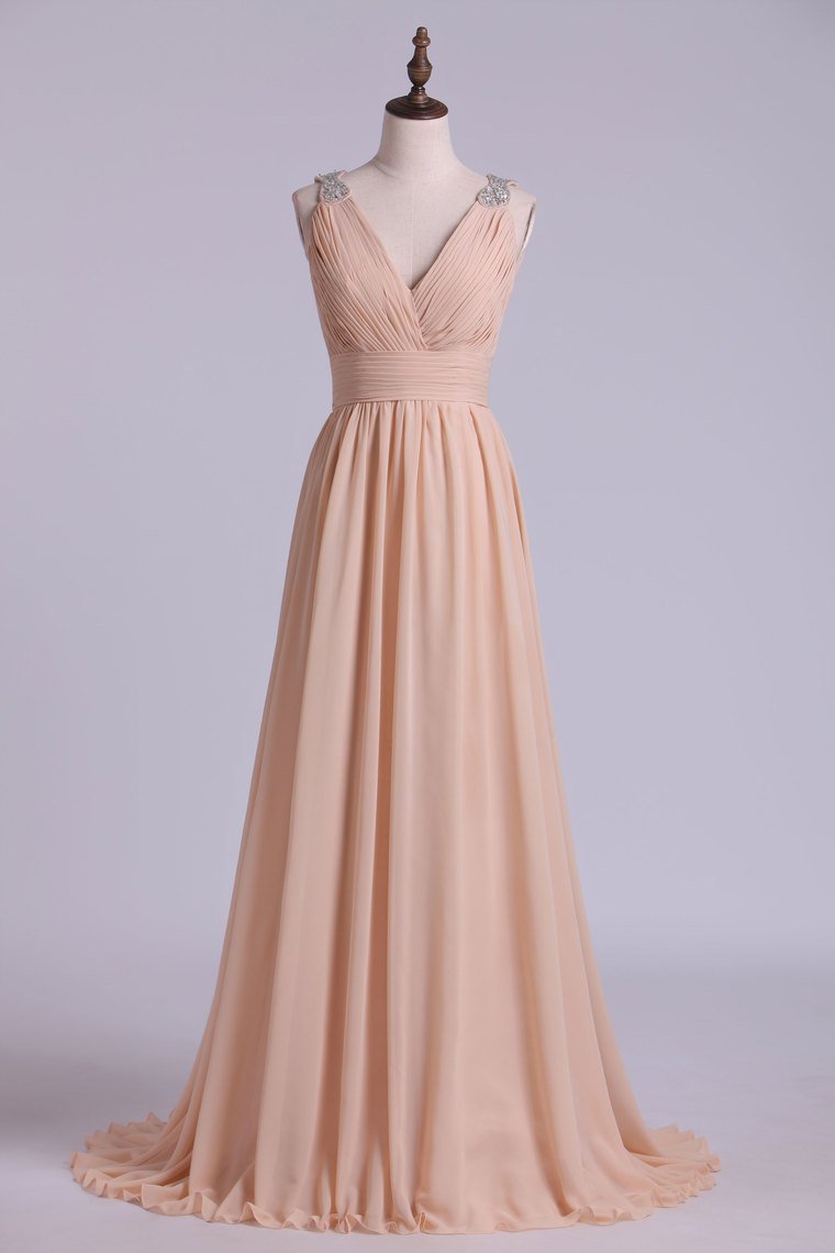 V Neck A Line Chiffon Bridesmaid Dress With Beads Floor Length