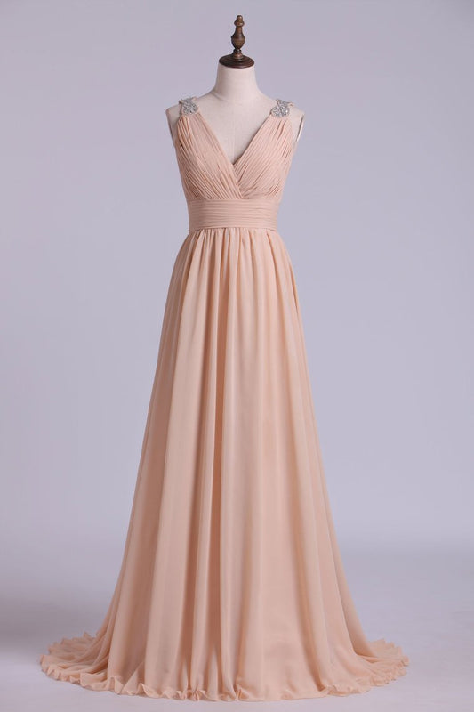 V Neck A Line Chiffon Bridesmaid Dress With Beads Floor Length