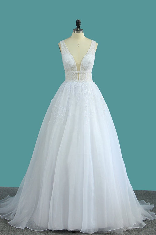 2024 Organza V Neck A Line Wedding Dresses With Applique And Beads Open Back