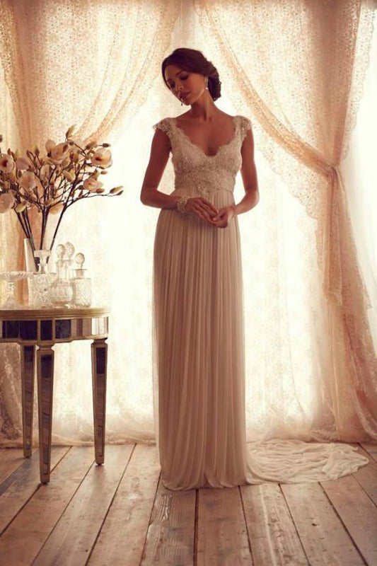 2024 V Neck Cap Sleeves Wedding Dresses Chiffon Floor Length With Applique Backless