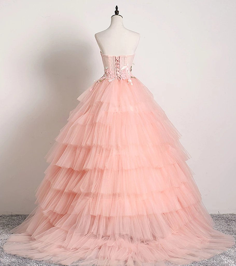 Princess Ball Gown Pink 3D Lace Multi-layered Prom Dresses, Tulle Quinceanera Dresses SJS15292