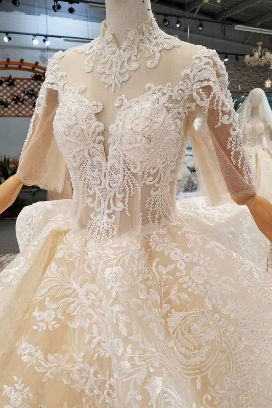 Luxury Wedding Dresses High Neck A-Line Lace Half Sleeves Open Back Cathedral Train