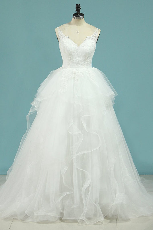 2024 Tulle V Neck A Line With Applique Chapel Train Wedding Dresses