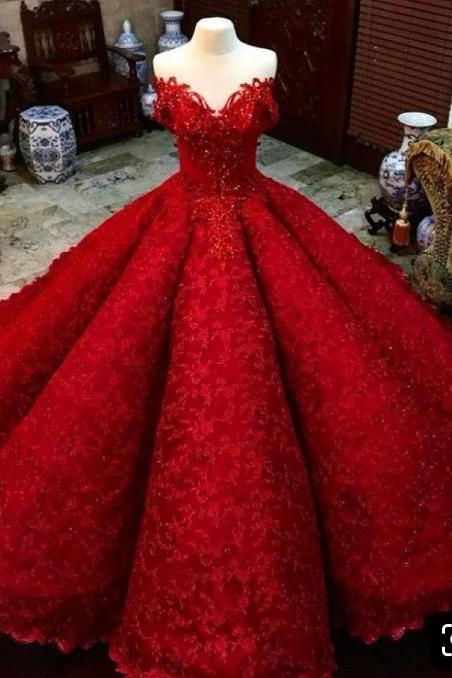 Ball Gown Red V Neck Long Off the Shoulder Prom Dresses, Quinceanera Dresses SRS15563