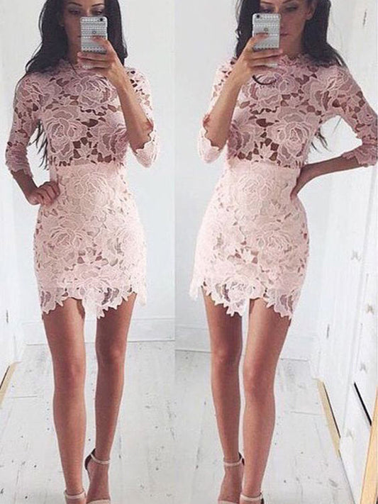 2024 Sheath/Column Jewel Neck Long Sleeve Lace Homecoming Dresses Cut Frances Short/Mini