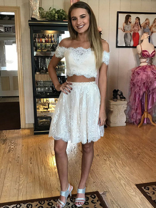 Kelsie 2024 Homecoming Dresses A-Line Two Piece Off-The-Shoulder Applique Lace Cut Short/Mini