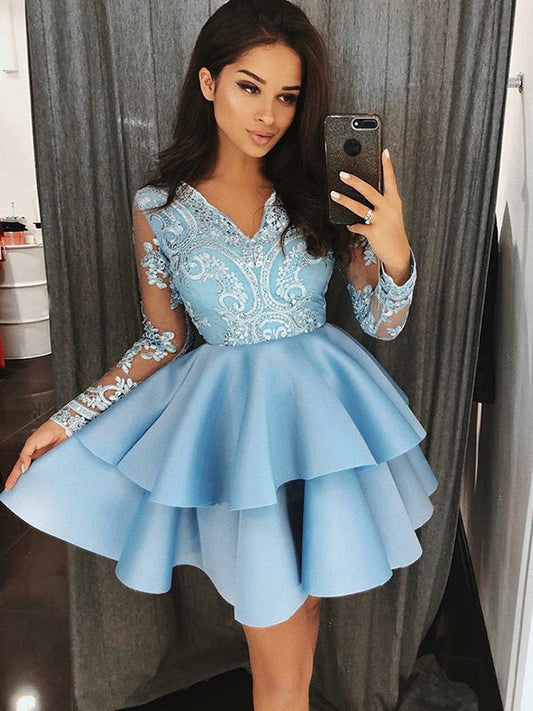 2024 Ball Gown V Neck Long Sleeve Aliya Applique Beading Layers Homecoming Dresses Cut Short/Mini