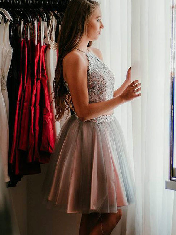 2024 Madyson Ball Gown Homecoming Dresses Two Piece Halter Sleeveless Applique Tulle Knee-Length