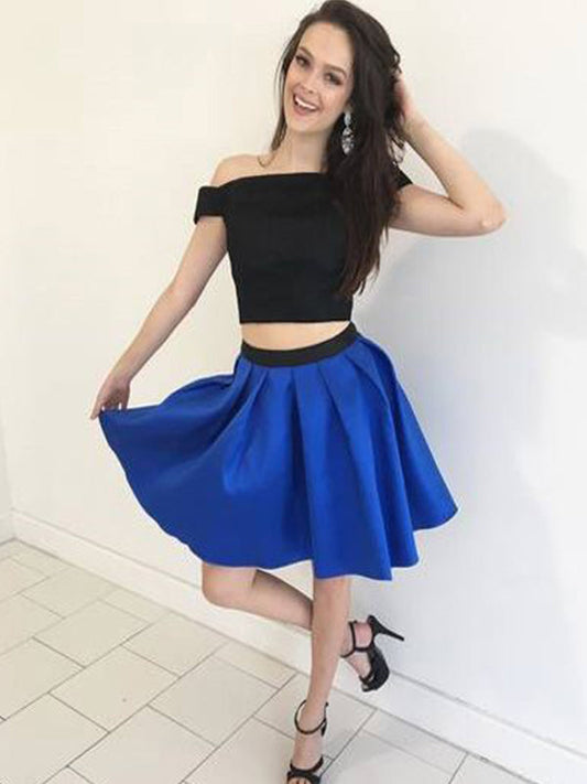 Two Piece Off-The-Shoulder Fernanda Homecoming Dresses Pleated Satin Cut Short Mini