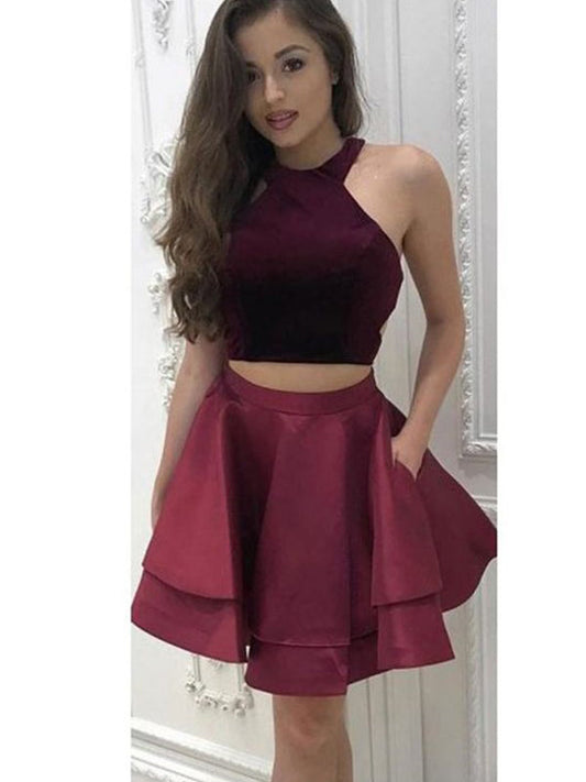 Satin Two Piece Halter Sleeveless Cut Elise Short Homecoming Dresses A-Line Mini