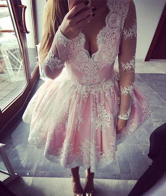 Long Sleeve Deep V Neck Ball Gown Lace Flowers Homecoming Dresses Ryleigh Pink Pleated