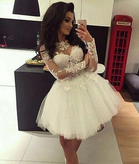 Jewel Carina Long Sleeve Lace Appliques A Line Pleated Homecoming Dresses Tulle Sheer Short