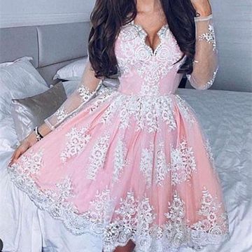 Long Sleeve Ball Gown Pleated Deep V Homecoming Dresses Neck Sheer Kelsey Pink Lace Flowers Mini