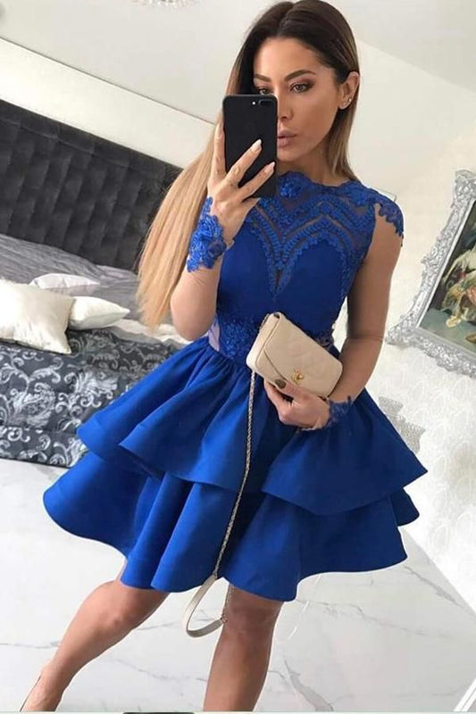 Jewel Long Sleeve Appliques Satin Homecoming Dresses Royal Blue Carissa Tiered Lace Short