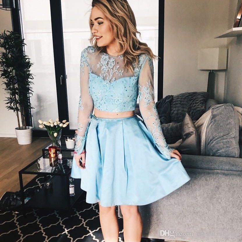 Satin Long Sleeve Jewel Lace Appliques Sheer Two Mikaela Pieces Light Homecoming Dresses Blue A Line