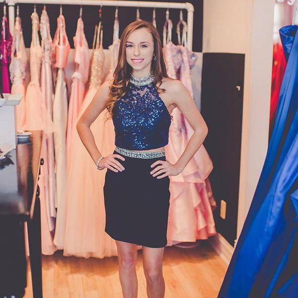 Kaylee Halter Two Pieces Sheath Homecoming Dresses Sequins Dark Navy Appliques Rhinestone Sleeveless