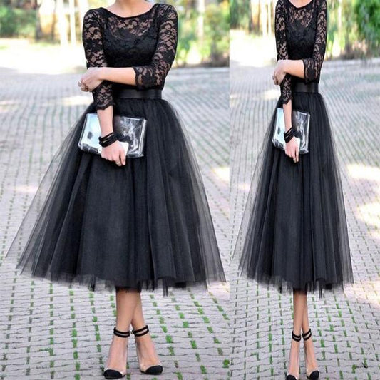 Scoop Lace Black A Line Long Sleeve Sheer Homecoming Dresses Amy Tulle Pleated Elegant