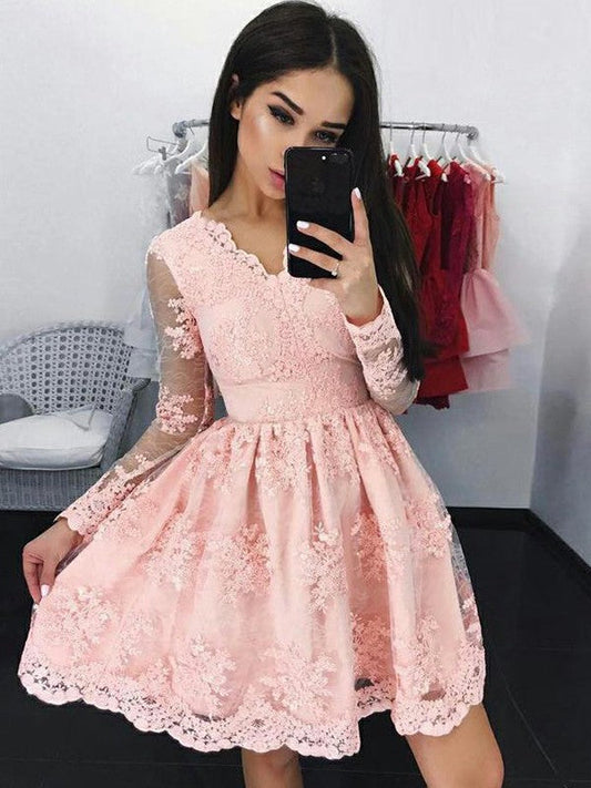 Long Sleeve V Skye Neck Pink Lace Appliques Sheer Homecoming Dresses Flowers A Line Short