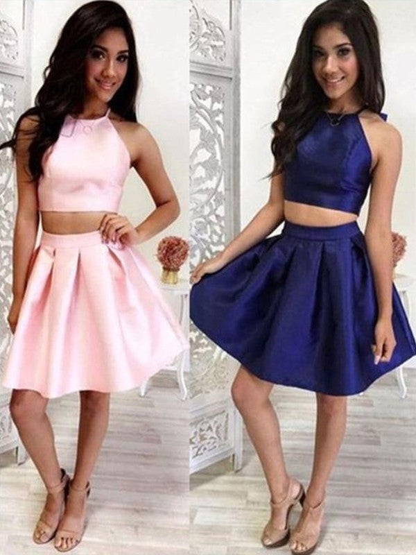 Halter Sleeveless Two Pieces Ariana Satin Pleated A Line Homecoming Dresses Above Knee