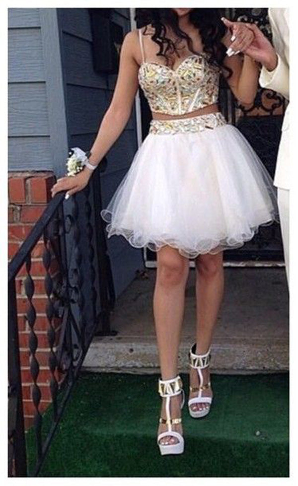 Spaghetti Straps Lizeth Two Pieces Rhinestone Organza White Homecoming Dresses Sweetheart A Line