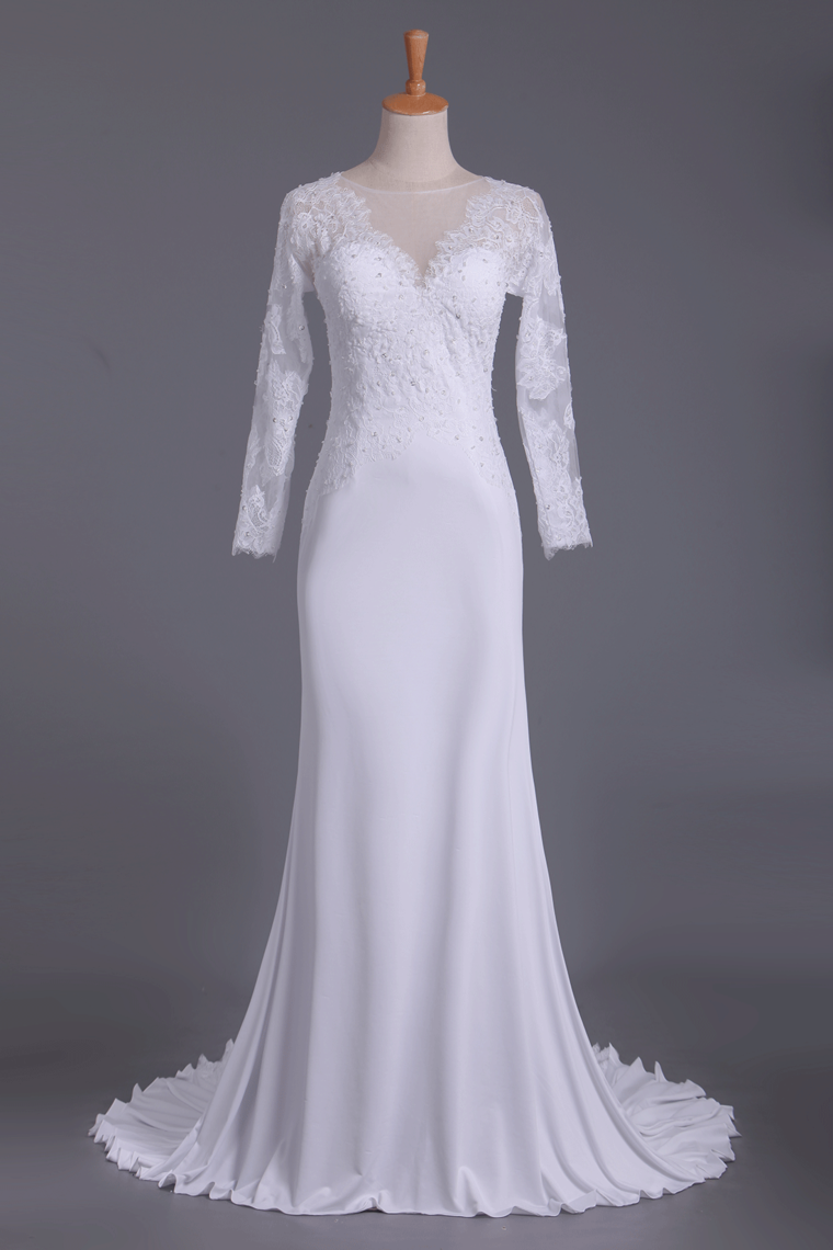 Wedding Dresses Scoop Long Sleeves Spandex Court Train With Applique