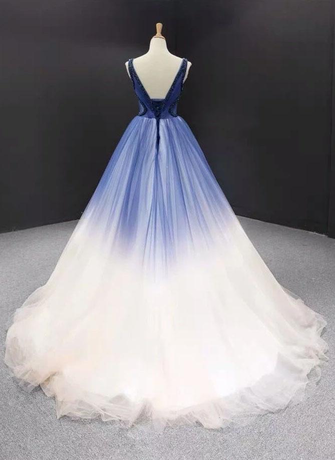 Ball Gown Ombre V Neck Tulle Royal Blue Long Prom Dresses, Quinceanera Dresses SJS15067