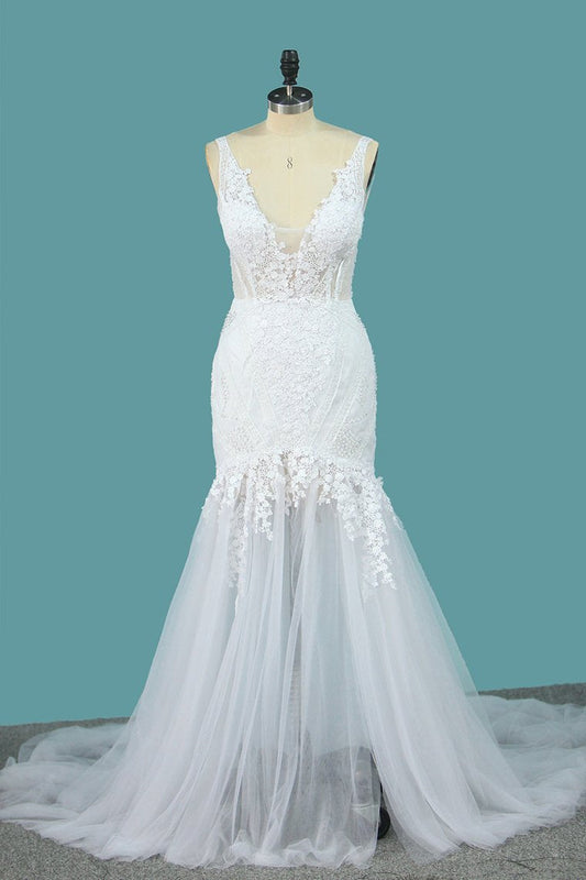 Spaghetti Straps Tulle Mermaid Wedding Dresses With Applique Open Back