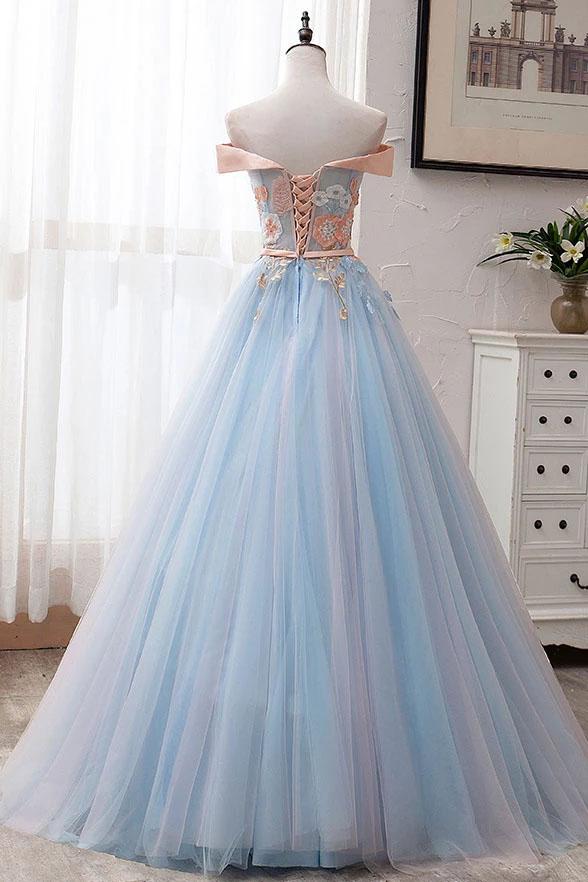 Ball Gown Off the Shoulder Tulle Sweetheart Appliques Prom Dresses, Quinceanera Dresses SJS15063