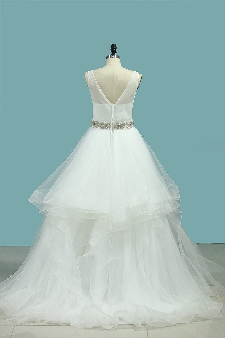 Wedding Dresses V-Neck Tulle With Beaded Belt Court Train