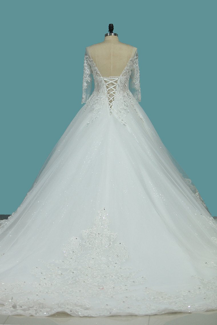 2024 Marvelous Wedding Dresses Scoop Lace Up With Rhinestones Royal Train