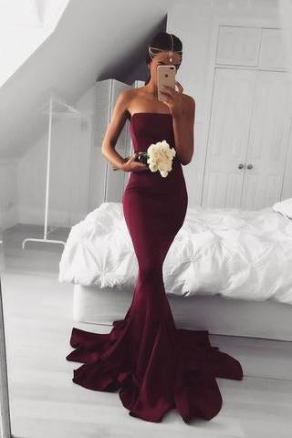 2024 New Sexy Mermaid Burgundy Long Strapless Sleeveless Floor Length Prom Dresses