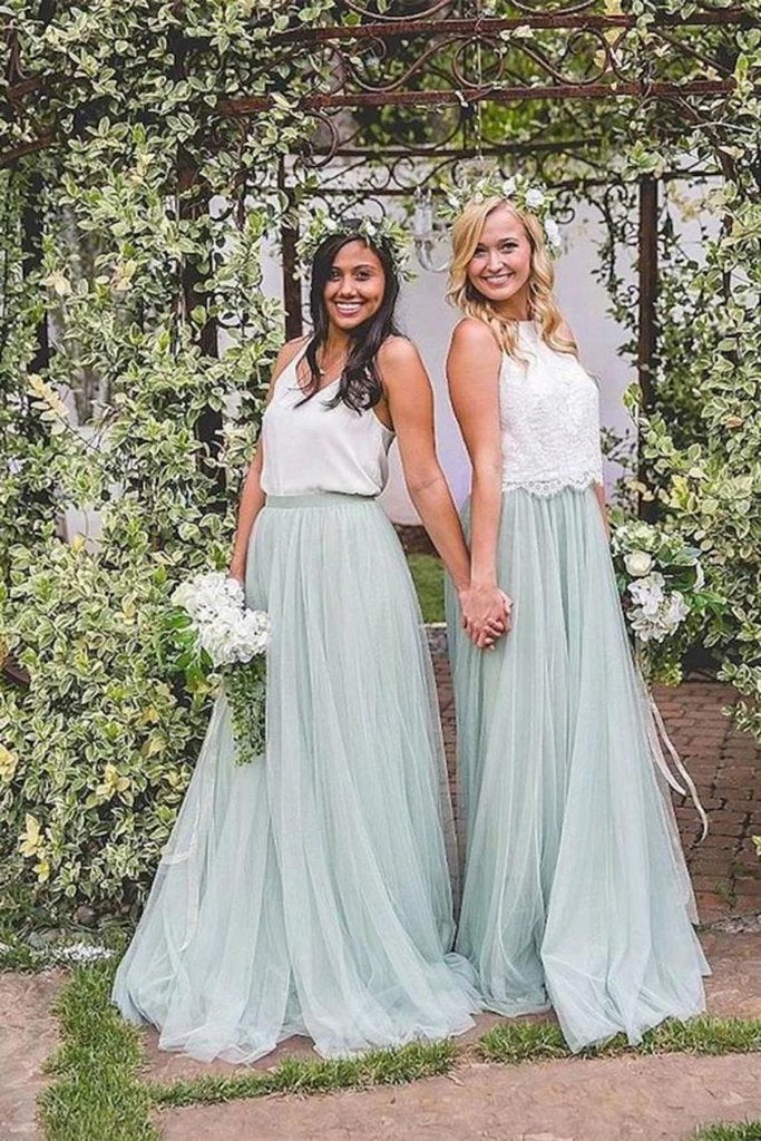 2 Pieces Tulle Ivroy And Mint Long Simple Cheap Elegant Bridesmaid Dresses SJS15543