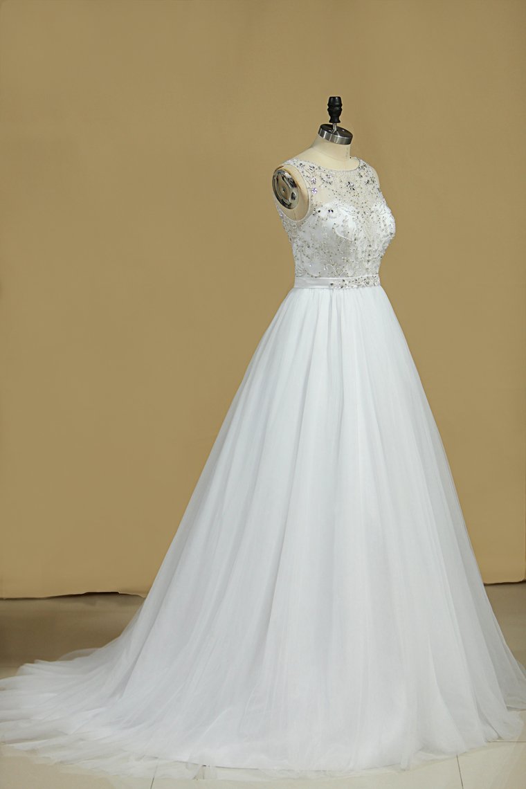 A Line Bateau Open Back Beaded Bodice Tulle Court Train Wedding Dresses