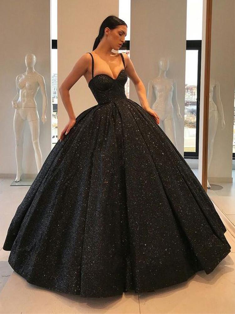 Spaghetti Straps Black Sweetheart Quinceanera Dresses, Ball Gown Sequins Prom Dresses SRS15410