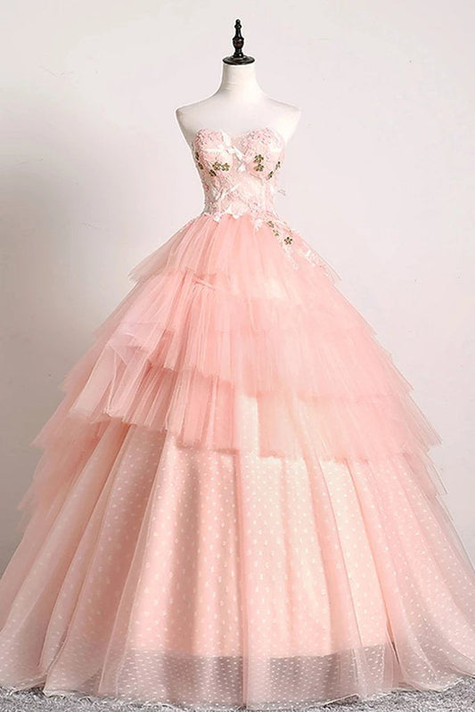 Princess Ball Gown Pink 3D Lace Multi-layered Prom Dresses, Tulle Quinceanera Dresses SJS15292