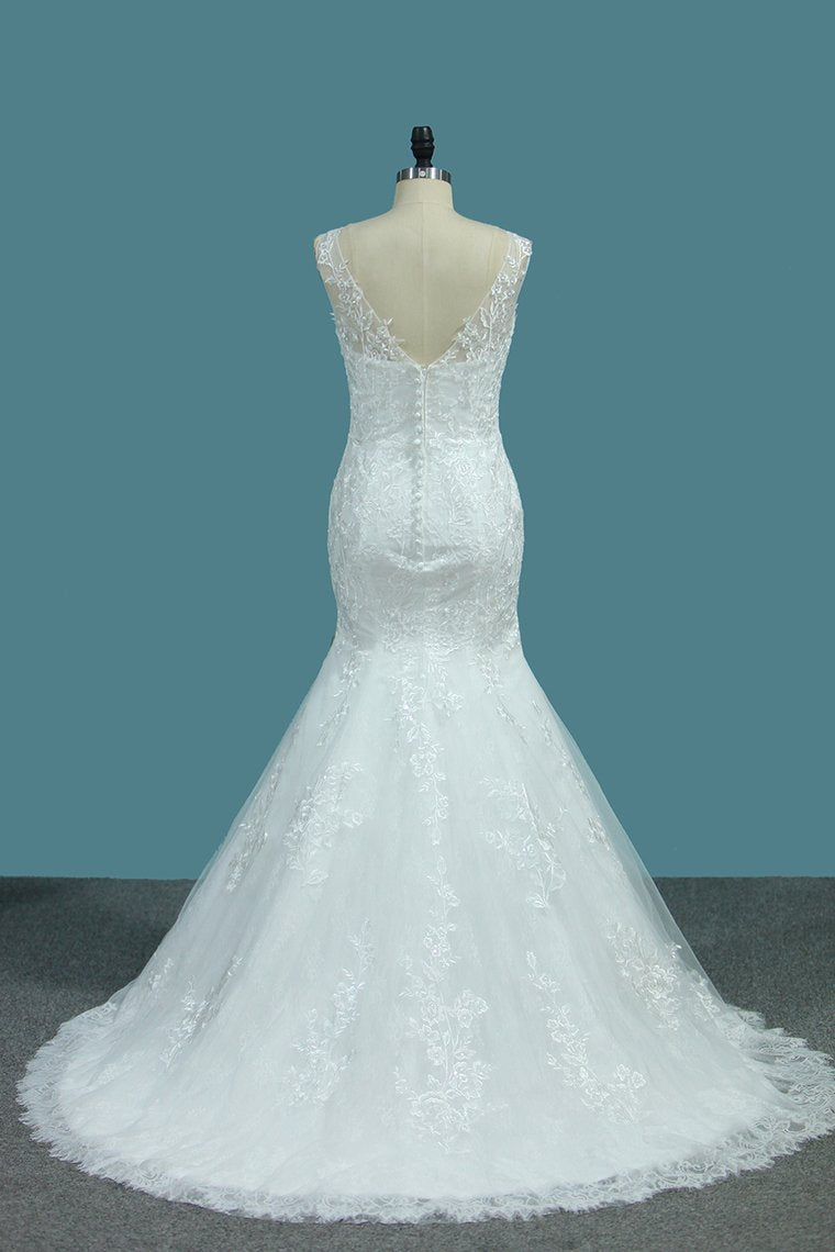 Scoop Wedding Dresses Mermaid With Applique Lace Open Back