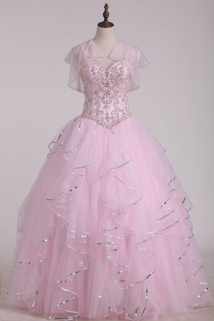 2024 Spaghetti Strap Beaded Bodice Quinceanera Dresses Sweep Train Tulle