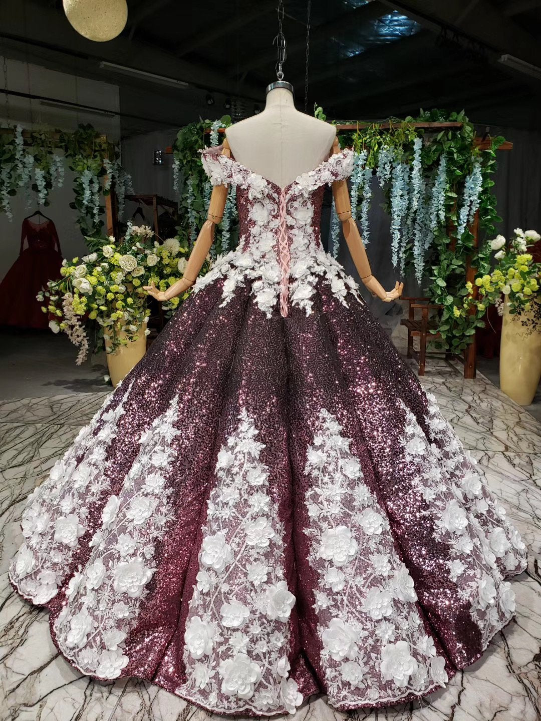 Ball Gown Off the Shoulder V Neck Satin Prom Dresses with Hand Made Flowers, Quinceanera Dress SJS15064