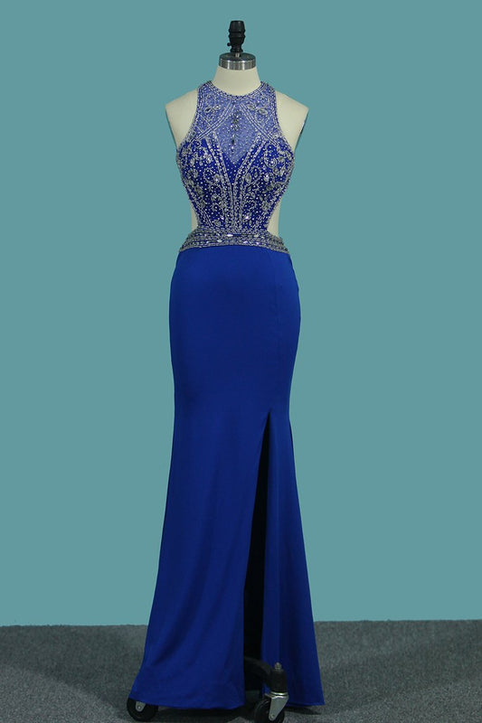 2024 Mermaid Prom Dresses Open Back Scoop With Beads And Slit