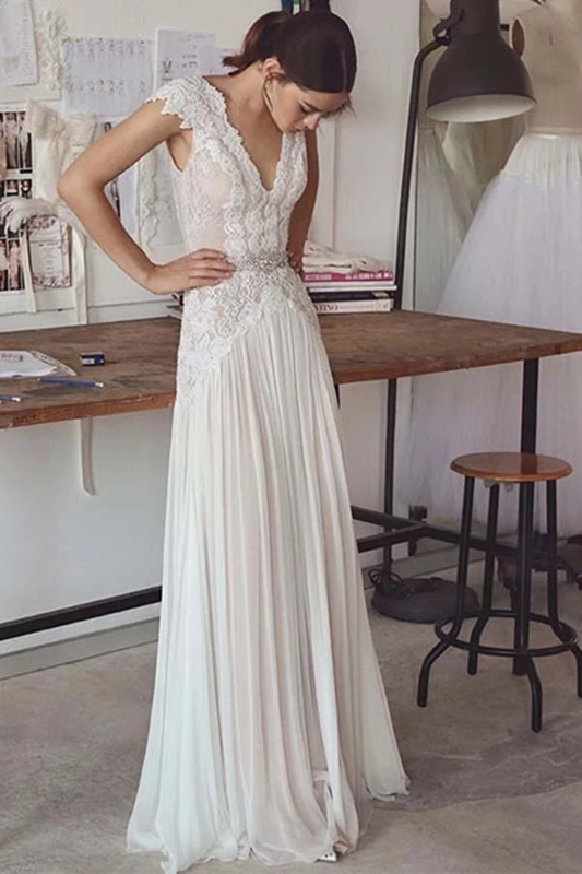 Unique V Neck Cap Sleeves Chiffon Beach Wedding Dress With Beading SRSPGG9HAF7