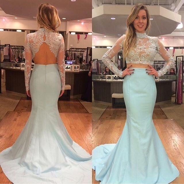 Pretty Two Pieces High Neck Long Sleeve Lace Prom Dress Sexy Mermaid Prom Dresses