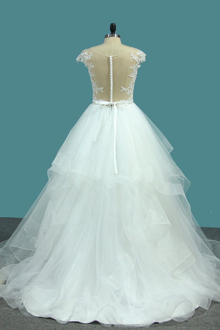 2024 Bateau A Line Tulle Wedding Dresses With Applique And Sash