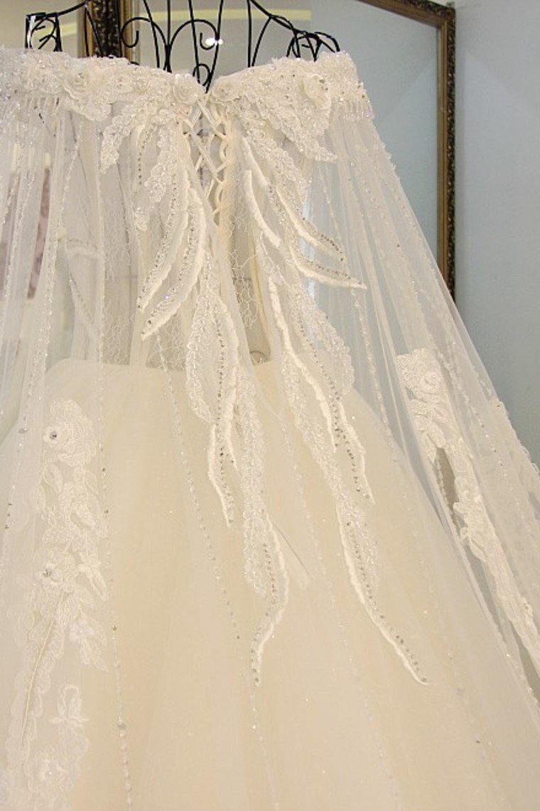 Off The Shoulder Wedding Dresses A Line With Beading Court Train Tulle Lace Up