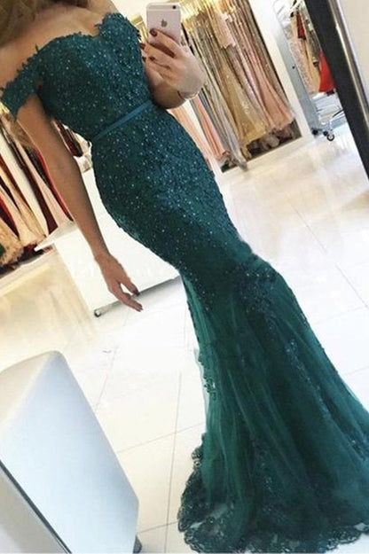 Elegant Emerald Green Off Shoulder Lace Mermaid Beads Sweetheart Prom Dresses