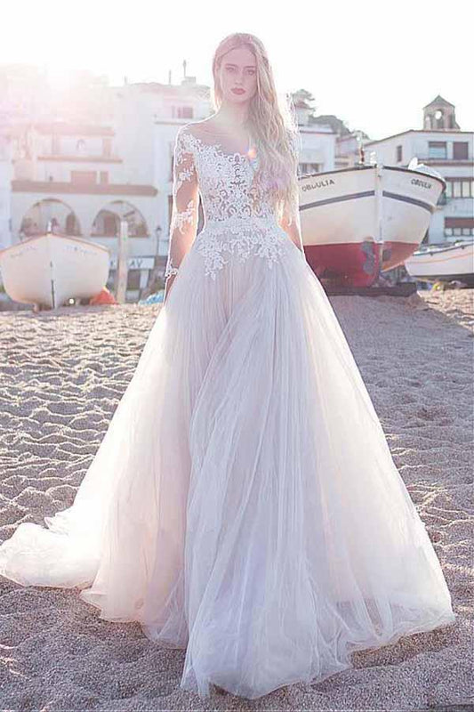 Tulle Scoop Neckline Pink A-line Lace Appliques Long Sleeves Bowknot Wedding Dresses JS311