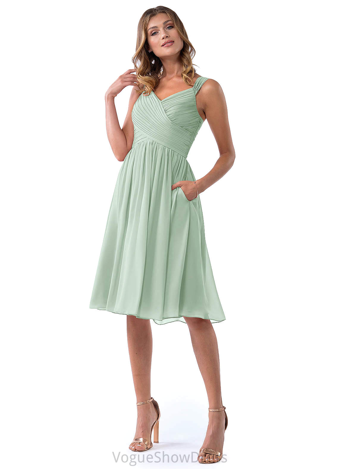 Summer Natural Waist Tea Length V-Neck Sleeveless A-Line/Princess Bridesmaid Dresses